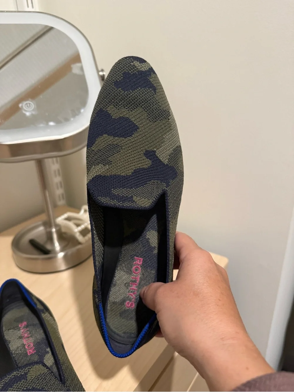 Rothy’s Camo Almond Loafers in Olive and Navy